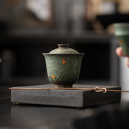 90ml Retro Bronze Glazed Gaiwan Luxury Sprinkle Gold Bowl with Lid Sopera Tea Tureen Household Tea Making Cover Bowl Cha Craft