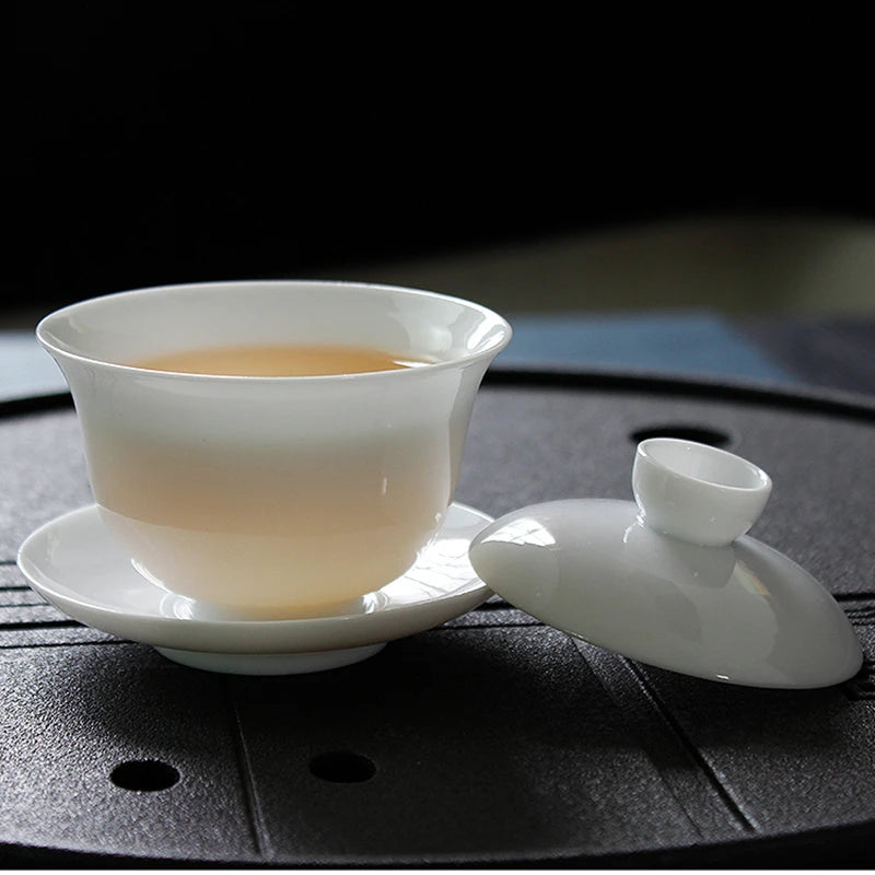 90ml Suet Jade Porcelain Gaiwan For Tea Thin White Tureen With Lid Teaware Travel Mini Kung Fu Tea Set  Cup Bowls Small Chawan
