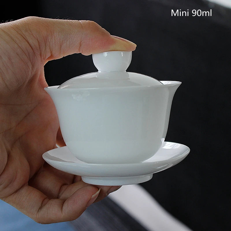 90ml Suet Jade Porcelain Gaiwan For Tea Thin White Tureen With Lid Teaware Travel Mini Kung Fu Tea Set  Cup Bowls Small Chawan