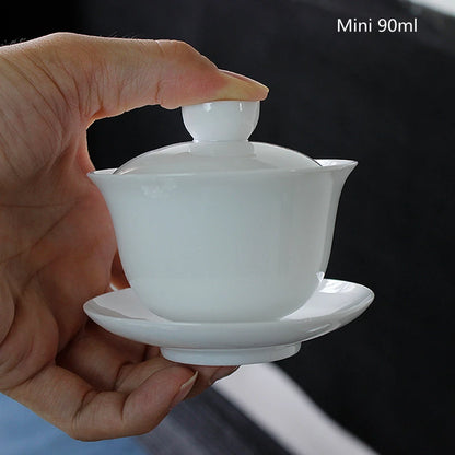 90ml Suet Jade Porcelain Gaiwan For Tea Thin White Tureen With Lid Teaware Travel Mini Kung Fu Tea Set  Cup Bowls Small Chawan