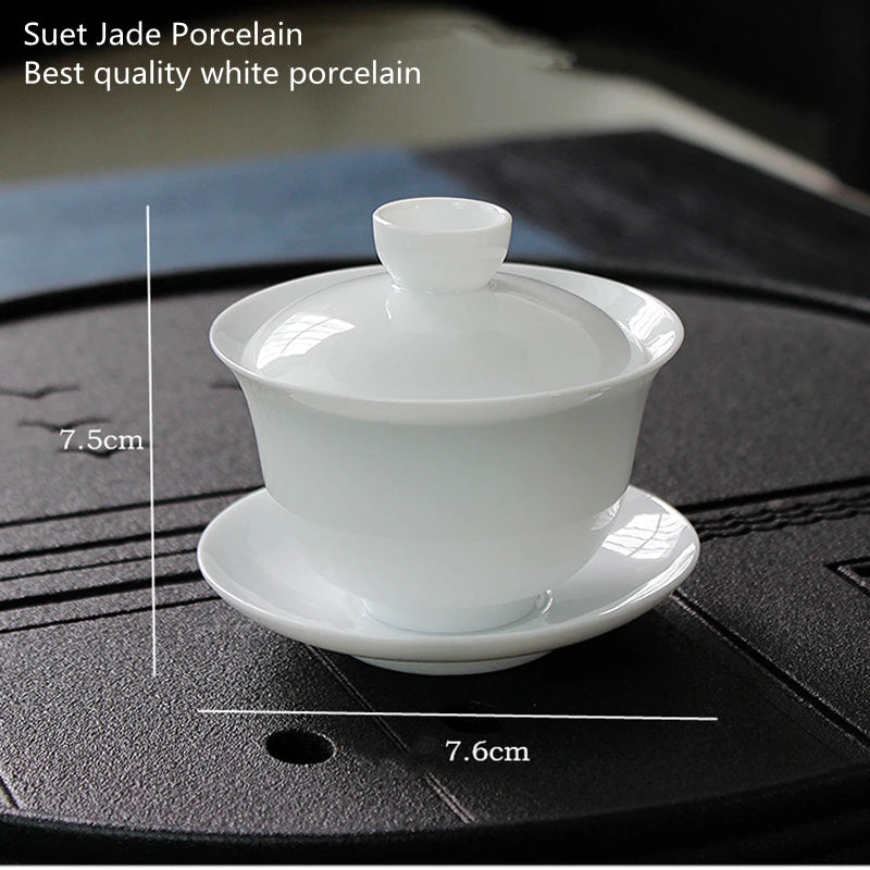 90ml Suet Jade Porcelain Gaiwan For Tea Thin White Tureen With Lid Teaware Travel Mini Kung Fu Tea Set  Cup Bowls Small Chawan