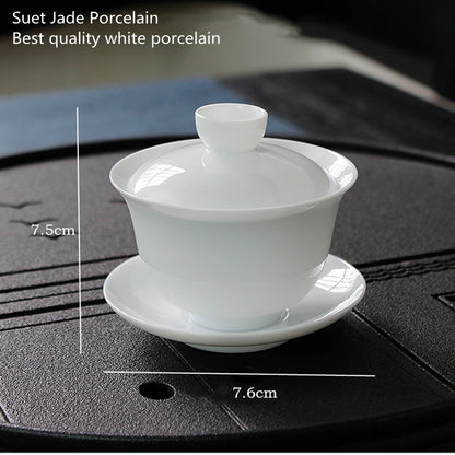 90ml Suet Jade Porcelain Gaiwan For Tea Thin White Tureen With Lid Teaware Travel Mini Kung Fu Tea Set  Cup Bowls Small Chawan