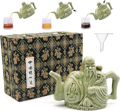 LURRIER Assassins Teapot, Handmade Chinese Ceramic Tea Kettle, One Pot Three Drinks,Two Chambers Teapot, Drink Dispenser, Magic Trick Teapot with Gift Box, 16 oz(Green)