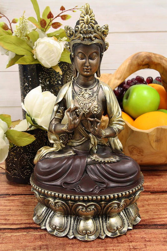 Ebros Chinese Qing Dynasty Bodhisattva Kuan Yin Buddha Guanyin Meditating On Golden Lotus Flower Throne Statue 12" Tall Eastern Enlightenment Quality Reproduction