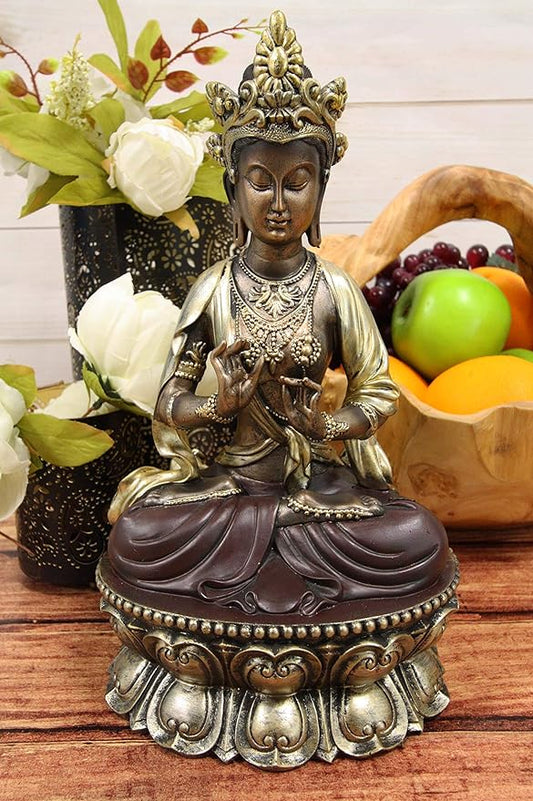 Ebros Chinese Qing Dynasty Bodhisattva Kuan Yin Buddha Guanyin Meditating On Golden Lotus Flower Throne Statue 12" Tall Eastern Enlightenment Quality Reproduction