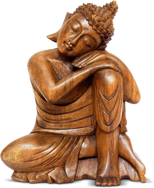 G6 Collection 8" Wooden Serene Sleeping Buddha Statue Hand Carved Sculpture Handmade Figurine Decorative Home Decor Accent Handcrafted Art Traditional Modern Decoration Sitting Resting Buddha (Small)