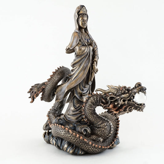 Top Collection 13" H 10.5" L Guan Yin Riding Dragon Statue. Bronze Powder Mixed with Resin - Bronze Antique Finish. East Asian Goddess of Compassion and Mercy.
