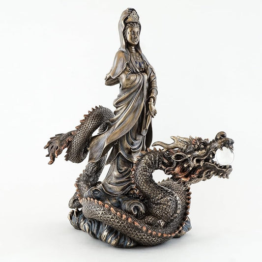 Top Collection 13" H 10.5" L Guan Yin Riding Dragon Statue. Bronze Powder Mixed with Resin - Bronze Antique Finish. East Asian Goddess of Compassion and Mercy.