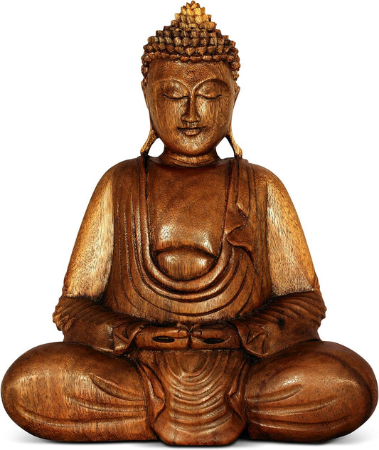 G6 COLLECTION Wooden Serene Sitting Buddha Statue Handmade Meditating Sculpture Wood Figurine Decorative Accent Handcrafted Traditional Modern Contemporary Oriental Decor Hands In Lap Buddha (8" Tall)