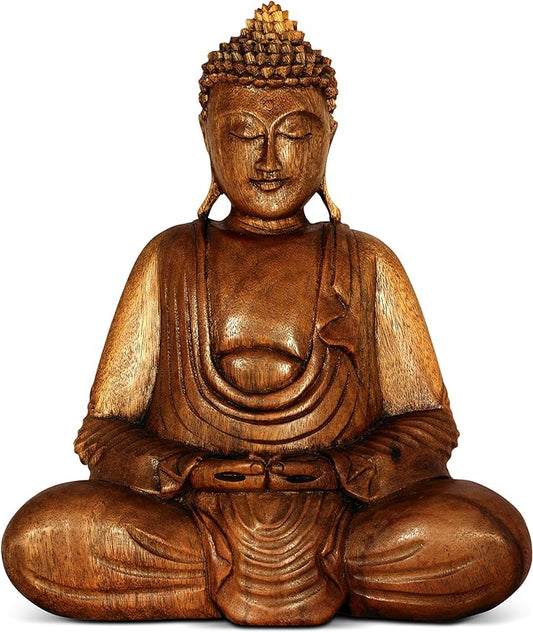 G6 COLLECTION Wooden Serene Sitting Buddha Statue Handmade Meditating Sculpture Wood Figurine Decorative Accent Handcrafted Traditional Modern Contemporary Oriental Decor Hands In Lap Buddha (8" Tall)