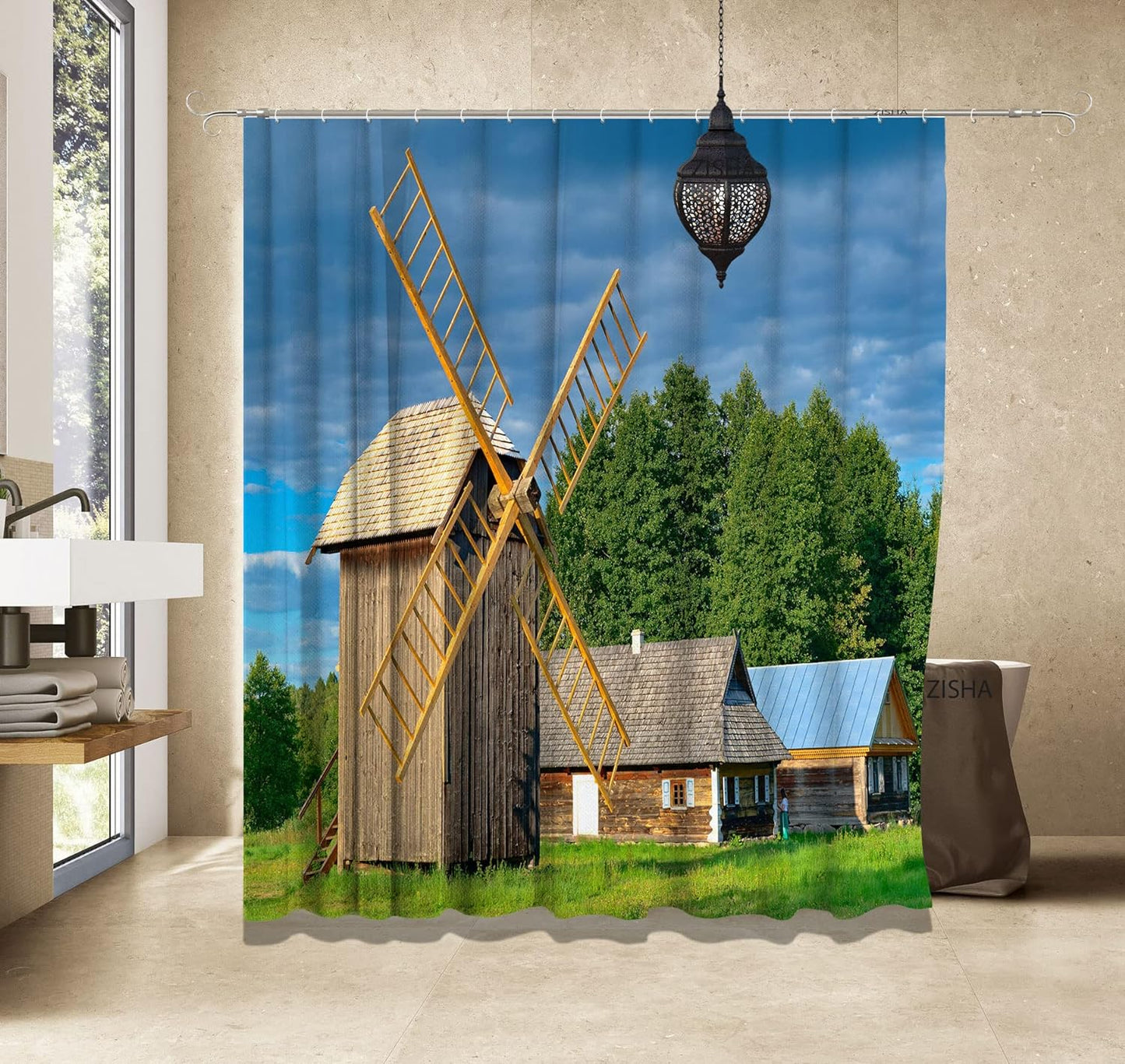 ZISHA Windmill Shower Curtain, Dutch Wood Forest, Blue Sky and White Clouds, Waterproof Polyester Fabric Without Chemical Smell, Machine Washable Accessories 72 * 72 inches