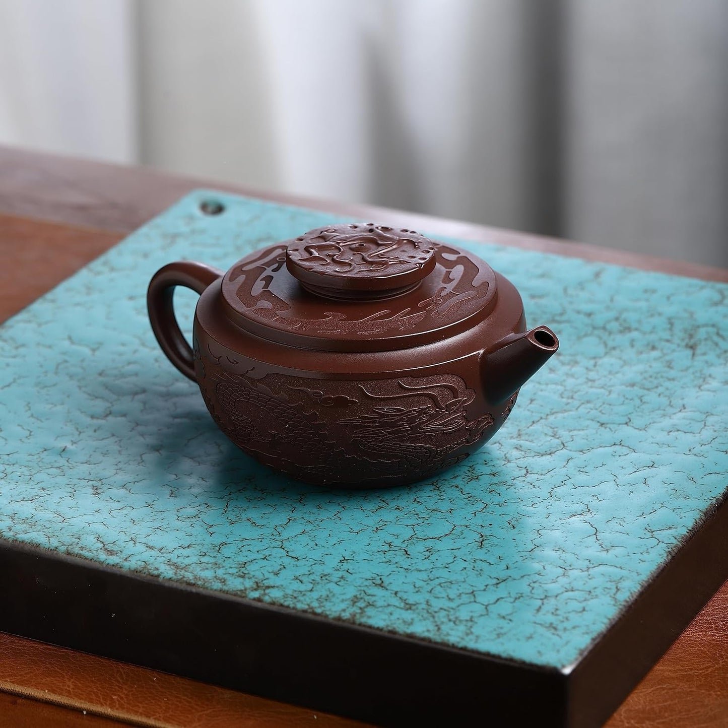 SILINE Zisha Teapot, Chinese Yixing Clay Handmade Tea Pot 10.8 Oz, Infuse Brew Kung Fu Loose Leaf Tea Maker (LongJulun,Zini Purple Clay)