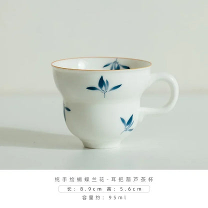 95ml Hand-painted Butterfly Orchid Gourd Tea Cup with Handle Luxury Smelling Cup Fragrance Master Cup Puer Tableware Ornaments