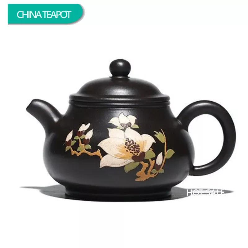 280ml Chinese Yixing Purple Clay Teapots Famous Artists Handmade Flower Pattern Tea Pot Raw Ore Black Mud Kettle Zisha Tea Set
