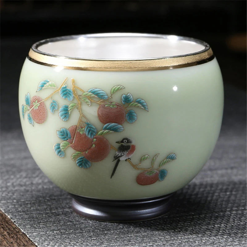 999 Silver gilt tea bowl Ru Kiln Antique Tea Cup Chinese kungfu master tea cup porcelain handpainted cup of tea Chinese tea cup