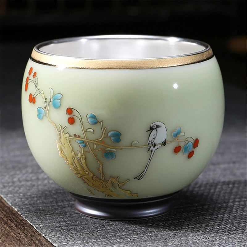 999 Silver gilt tea bowl Ru Kiln Antique Tea Cup Chinese kungfu master tea cup porcelain handpainted cup of tea Chinese tea cup