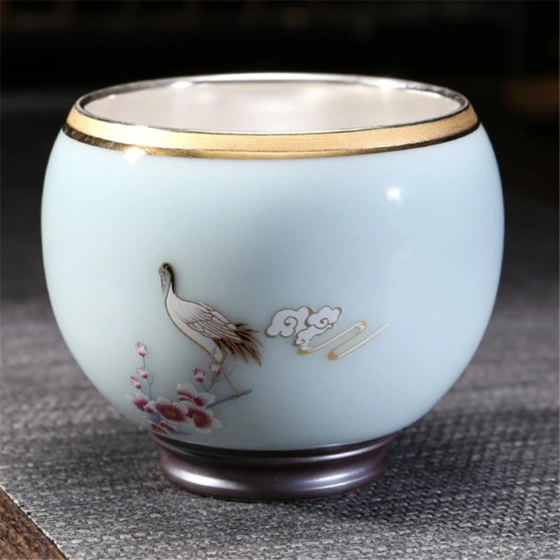 999 Silver gilt tea bowl Ru Kiln Antique Tea Cup Chinese kungfu master tea cup porcelain handpainted cup of tea Chinese tea cup