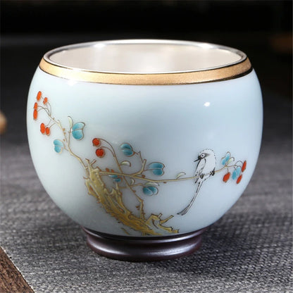 999 Silver gilt tea bowl Ru Kiln Antique Tea Cup Chinese kungfu master tea cup porcelain handpainted cup of tea Chinese tea cup