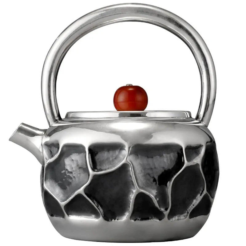 999 Sterling Silver Teapot Pure Handmade Hot Water Kettle Metal Coffee Pots Vintage Warm Wine Jug Chinese Style Kung Fu Tea Set