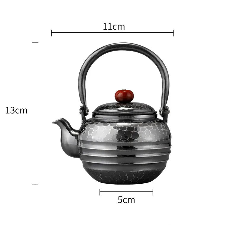 999 Sterling Silver Teapot Pure Handmade Hot Water Kettle Metal Coffee Pots Vintage Warm Wine Jug Chinese Style Kung Fu Tea Set
