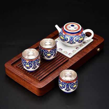 999 silver Chinese gift Silver Tea set Gaiwan/pot cups Rosewood tea tray Pure silver plating office travel teaset