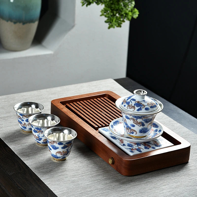 999 silver Chinese gift Silver Tea set Gaiwan/pot cups Rosewood tea tray Pure silver plating office travel teaset