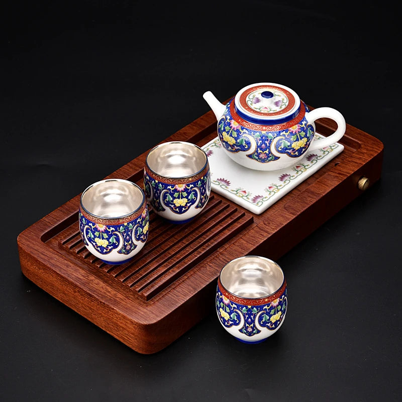 999 silver Chinese gift Silver Tea set Gaiwan/pot cups Rosewood tea tray Pure silver plating office travel teaset