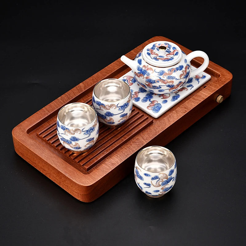 999 silver Chinese gift Silver Tea set Gaiwan/pot cups Rosewood tea tray Pure silver plating office travel teaset