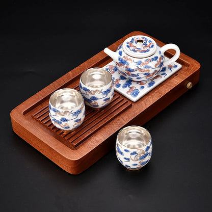 999 silver Chinese gift Silver Tea set Gaiwan/pot cups Rosewood tea tray Pure silver plating office travel teaset