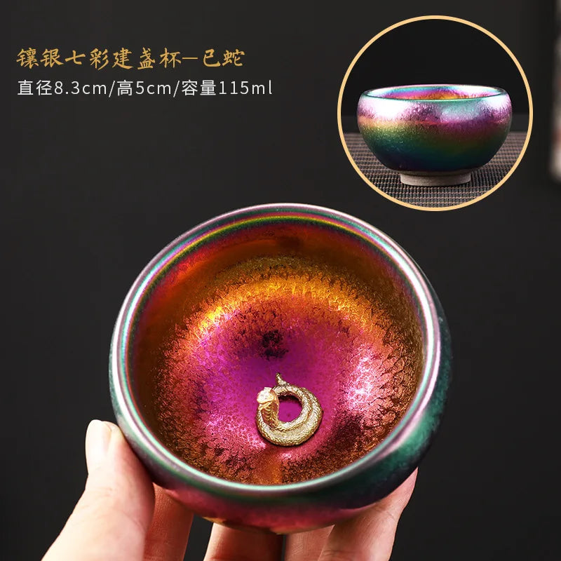 999silver Chinese zodiac colorful built sterling silver teacup ceramic kiln Kungfu tea set teacup tea cup master cup single cup
