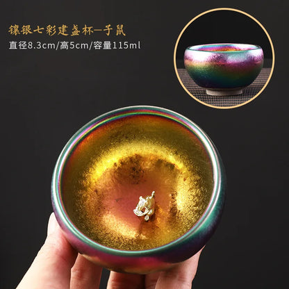 999silver Chinese zodiac colorful built sterling silver teacup ceramic kiln Kungfu tea set teacup tea cup master cup single cup
