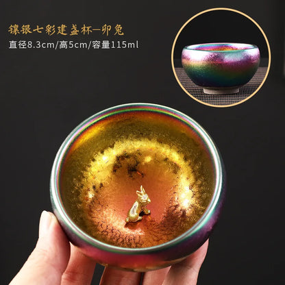 999silver Chinese zodiac colorful built sterling silver teacup ceramic kiln Kungfu tea set teacup tea cup master cup single cup