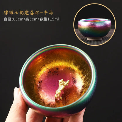 999silver Chinese zodiac colorful built sterling silver teacup ceramic kiln Kungfu tea set teacup tea cup master cup single cup