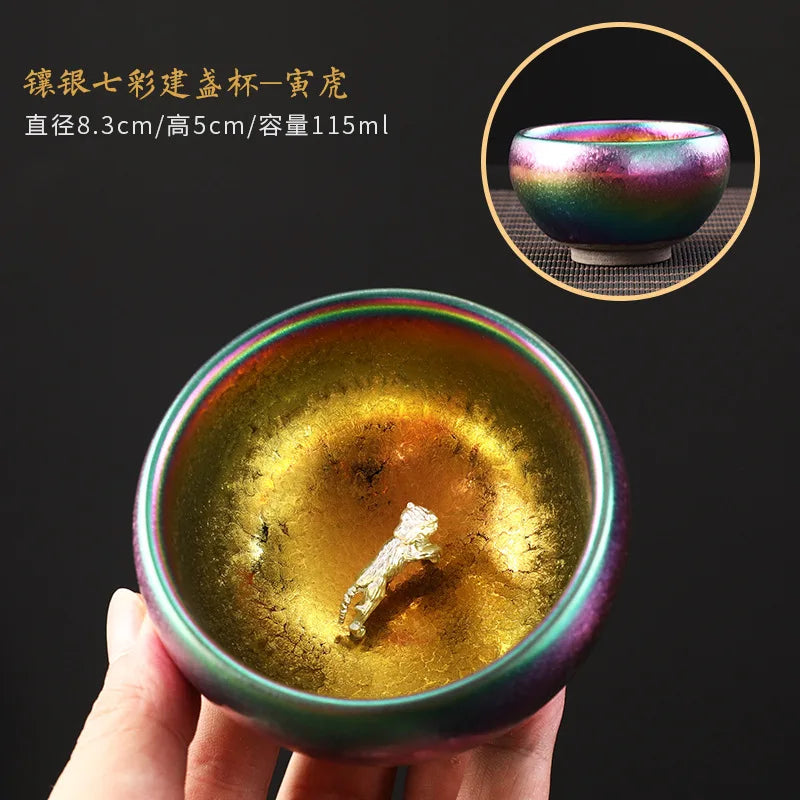 999silver Chinese zodiac colorful built sterling silver teacup ceramic kiln Kungfu tea set teacup tea cup master cup single cup