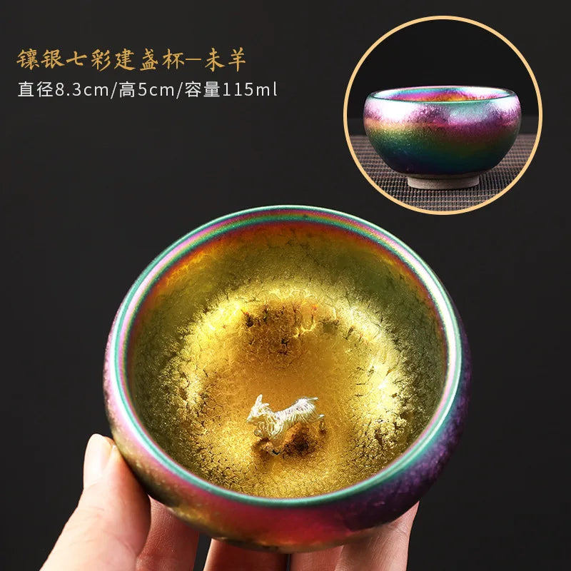 999silver Chinese zodiac colorful built sterling silver teacup ceramic kiln Kungfu tea set teacup tea cup master cup single cup