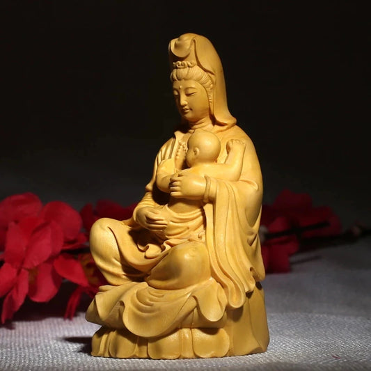 9CM Guan Yin Statue for Wooden Buddha Carving Craft Sculpture Miniature Home Decor