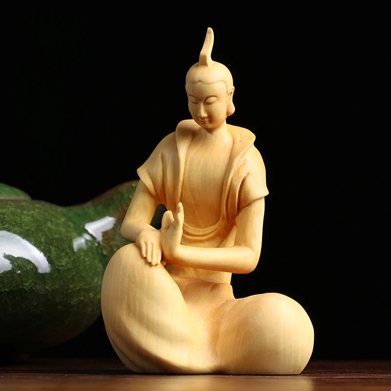 9CM Zen Tao Wood Feng Shui Sculpture Boxwood Home Tea Ceremony Office Sitting Wooden buddha Statue Home Decor