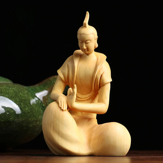 9CM Zen Tao Wood Feng Shui Sculpture Boxwood Home Tea Ceremony Office Sitting Wooden buddha Statue Home Decor