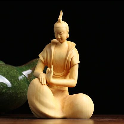 9CM Zen Tao Wood Feng Shui Sculpture Boxwood Home Tea Ceremony Office Sitting Wooden buddha Statue Home Decor