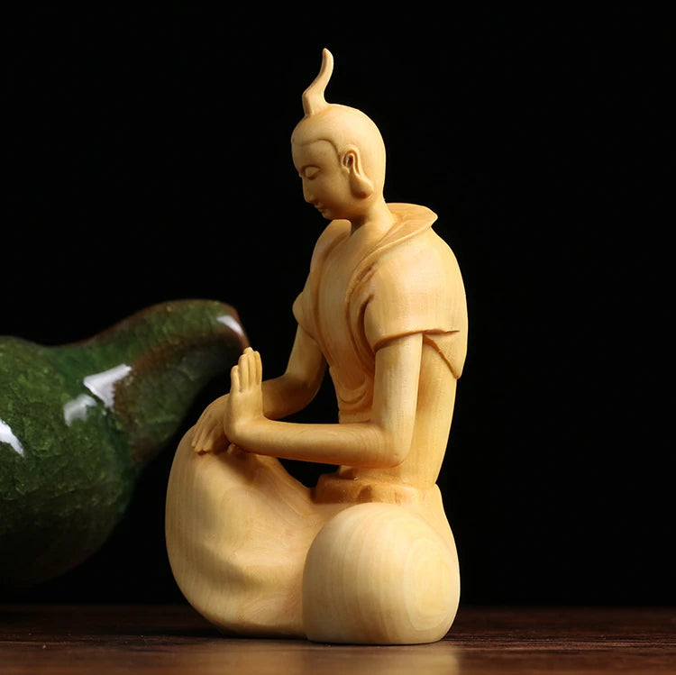 9CM Zen Tao Wood Feng Shui Sculpture Boxwood Home Tea Ceremony Office Sitting Wooden buddha Statue Home Decor
