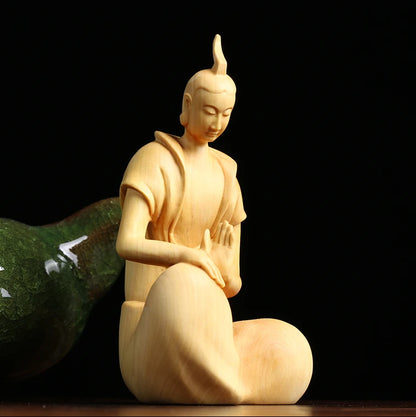 9CM Zen Tao Wood Feng Shui Sculpture Boxwood Home Tea Ceremony Office Sitting Wooden buddha Statue Home Decor