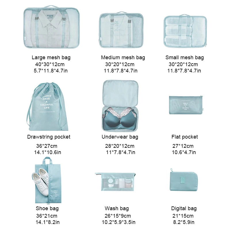 9Pcs/set Large Capacity Luggage Storage Bags For Packing Cube Clothes Underwear Cosmetic Travel Organizer Bag Toiletries Pouch