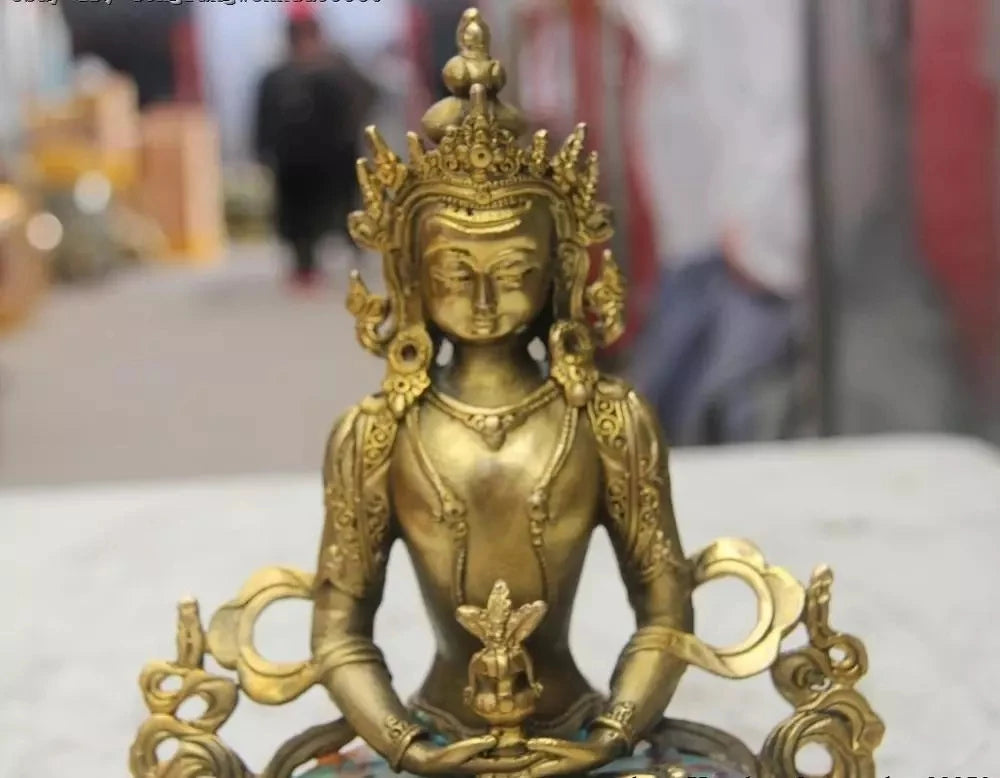 9Tibetan Buddhism Bronze Cloisonne Enamel Amitayus longevity God Buddha Statue