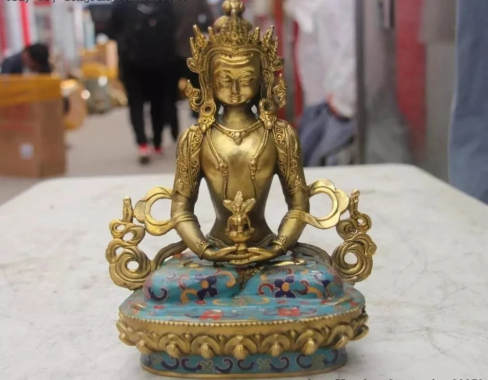 9Tibetan Buddhism Bronze Cloisonne Enamel Amitayus longevity God Buddha Statue