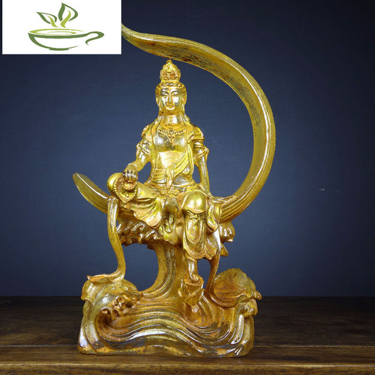Chinese old Colored glaze（Liuli）gilt painted Yellow water moon Guanyin statue