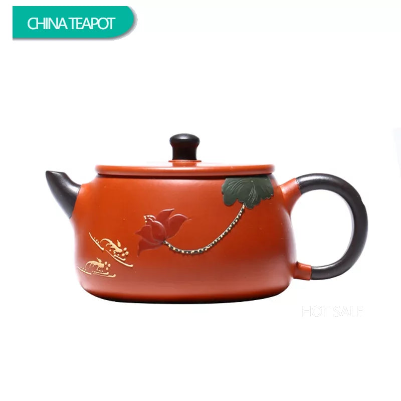240ml Authentic Yixing Purple Clay Teapots Handmade Lotus Pattern Stone Scoop Tea Pot Raw Ore Zhu Mud Kettle Home Zisha Tea Set