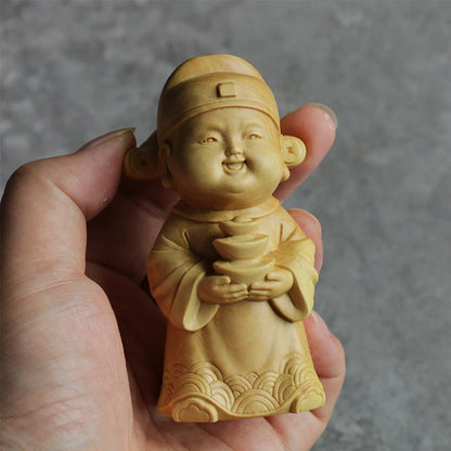 9cm Little Wealth God Boxwood Room Sculpture Solid Wood Buddha Statue Chinese Culture Small Feng Shui Gift Collection Home Decor