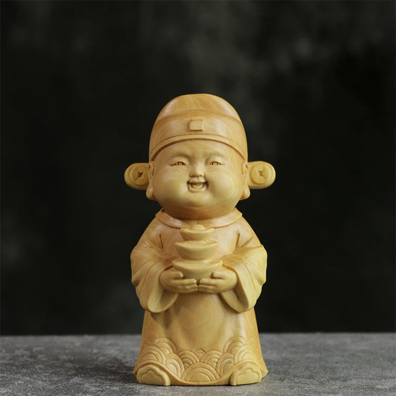9cm Little Wealth God Boxwood Room Sculpture Solid Wood Buddha Statue Chinese Culture Small Feng Shui Gift Collection Home Decor