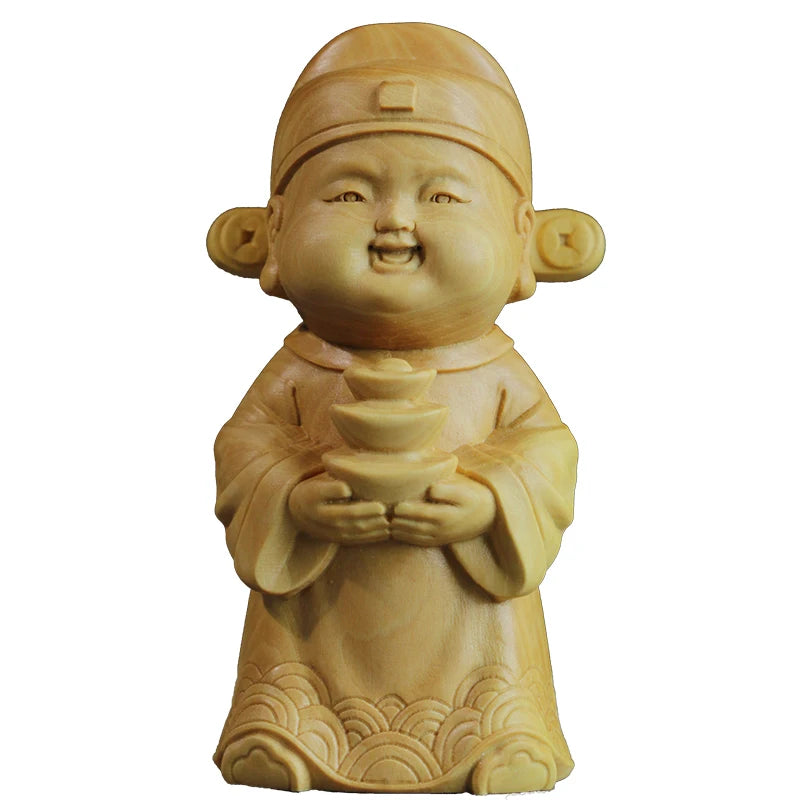 9cm Little Wealth God Boxwood Room Sculpture Solid Wood Buddha Statue Chinese Culture Small Feng Shui Gift Collection Home Decor
