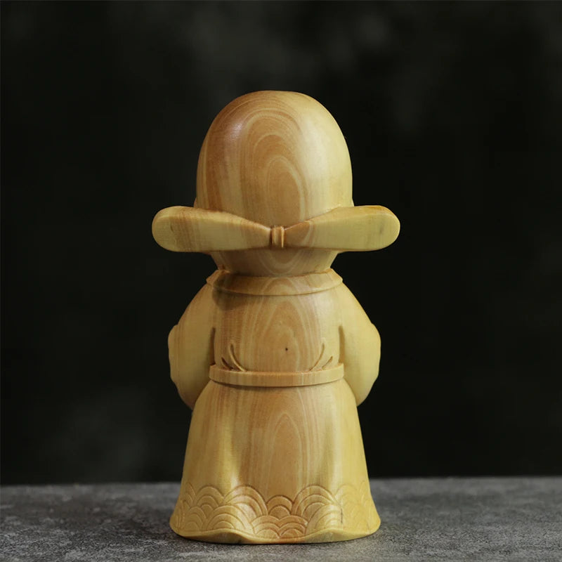 9cm Little Wealth God Boxwood Room Sculpture Solid Wood Buddha Statue Chinese Culture Small Feng Shui Gift Collection Home Decor